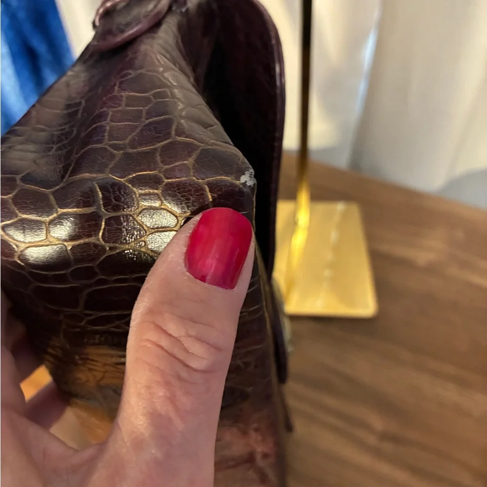 Kate Landry Leather Croc-Embossed Shoulder Bag Burgundy Brass Teal interior - Picture 13 of 17